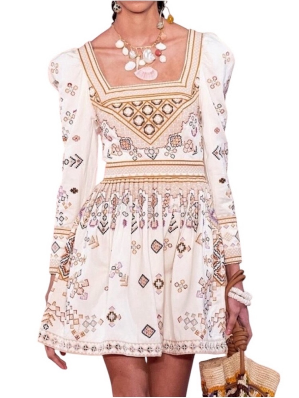ULLA JOHNSON Adilah Ivory Embroidered Long Sleeve Boho Mini Dress